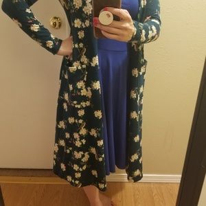 Lularoe duster, teal with birds, flowers (small)